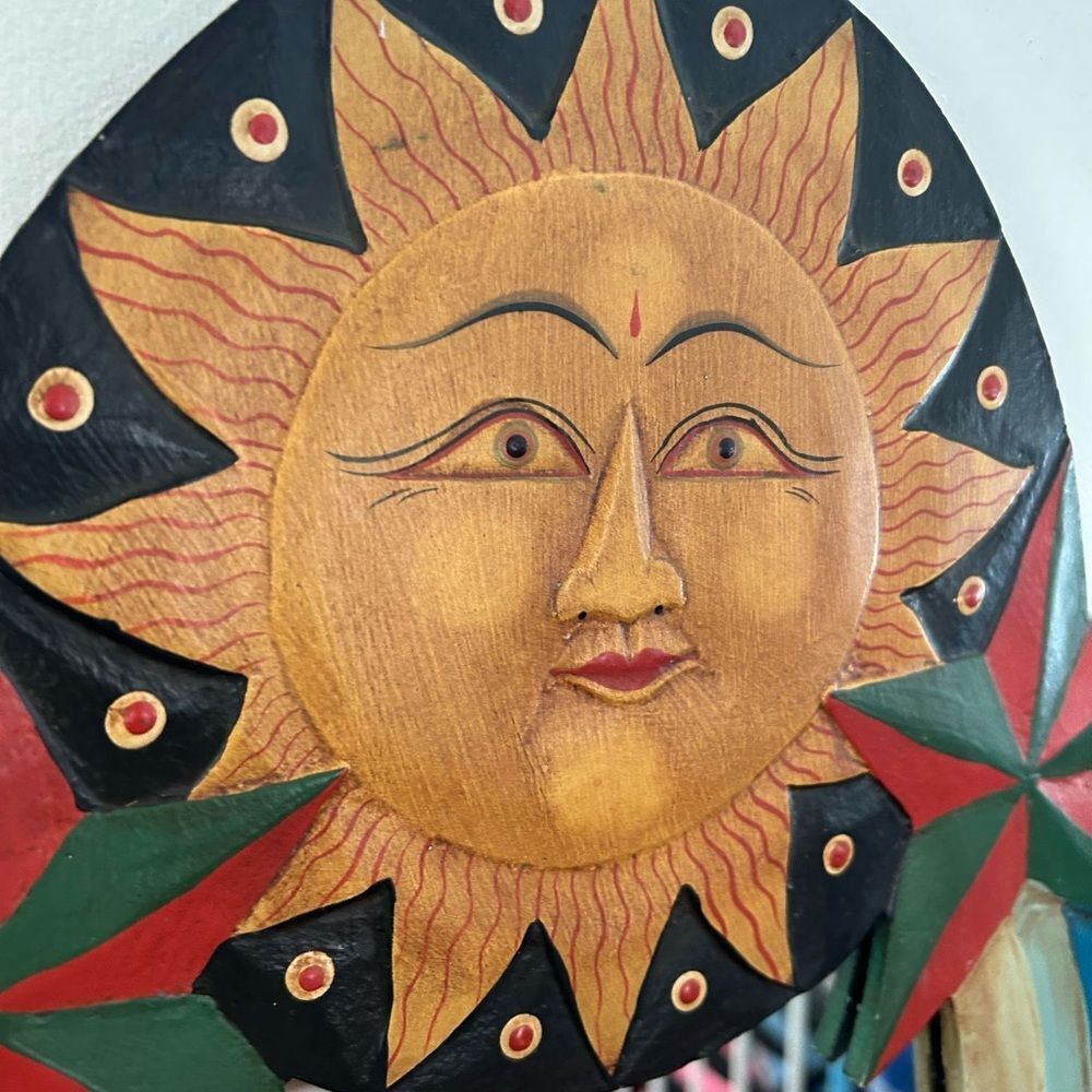 Vintage Celestial Sun Moon Wood Wall Mirror with Hooks Hand Painted 23”